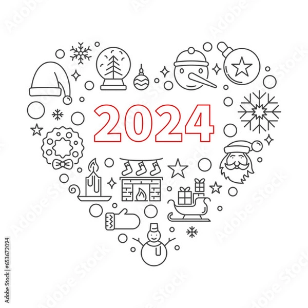 Obraz 2024 Happy New Year outline heart shaped banner - vector Xmas Heart illustration