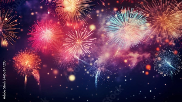 Fototapeta Colorful fireworks celebration for New Year or birthday event. Festive background banner