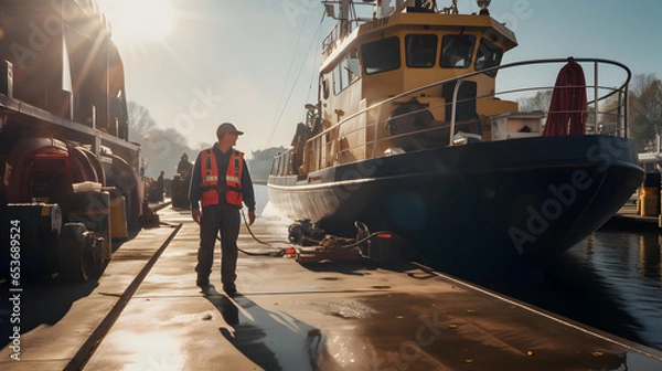 Fototapeta Person on the dock with boat on in the harbour