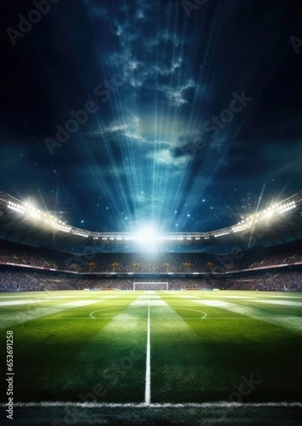 Obraz Modern football stadium with strong lights and green football pitch in night. Generative ai.