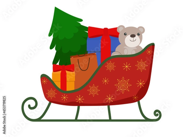 Fototapeta Icon of red and green Santa's sleigh with gifts on a transparent and white background. Green Christmas tree and brown bear. Yellow and blue boxes with gifts and a brown paper shopping bag. Vector.