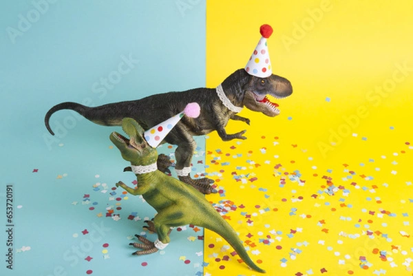 Obraz a pair of dinosaurs celebrating on a confetti carpet