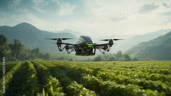 Fototapeta Modern Agritech: Robots Ensuring Optimal Crop Health & Using Drones for Precise Monitoring. Generative AI.