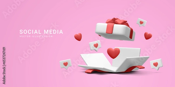 Obraz 3d realistic open gift box with hearts and likes. Vector illustration