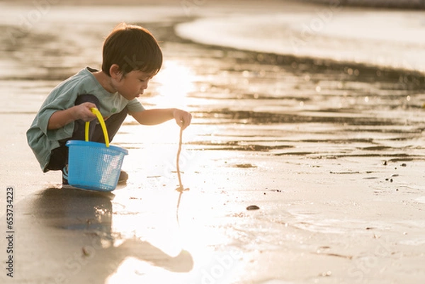 Obraz 夕方の砂浜で遊ぶ男の子