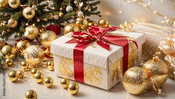 Obraz Gift box with bows, balloons background