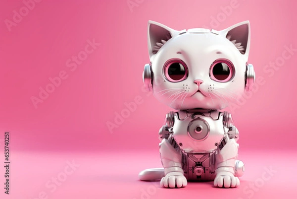 Obraz Cute toy robot cat on pink background 