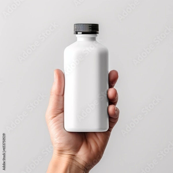 Fototapeta A man holding a white unbranded mock-up of a liquid bottle on a gray background. Container for liquid, fluid. Blank space for text or logo. AI generated image.