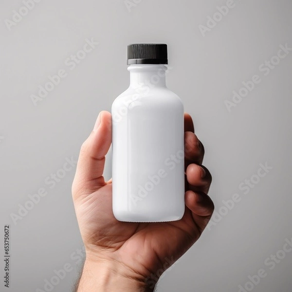 Fototapeta A man holding a white unbranded mock-up of a liquid bottle on a gray background. Container for liquid, fluid. Blank space for text or logo. AI generated image.