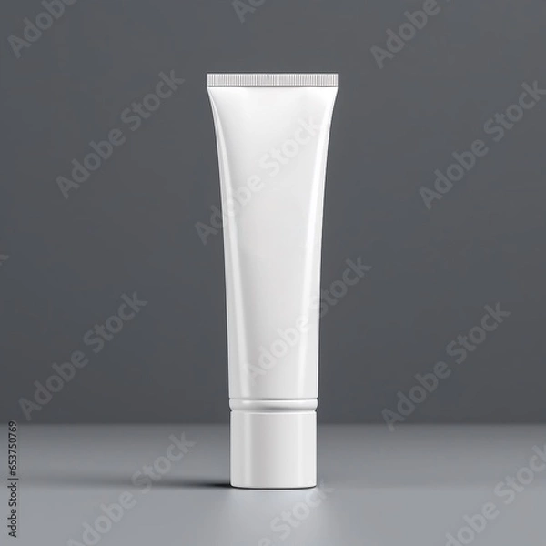 Fototapeta Package white unbranded mockup of toothpaste on grey background. Packaging for toothpaste, face cream. Blank space for text or logo. AI generated image.