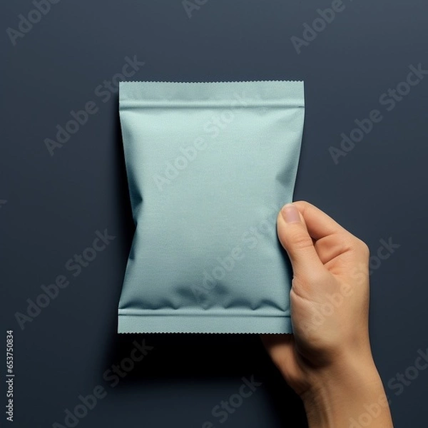 Fototapeta A man holding a blue package, sachet on a gray background. Package for food bags. Blank space for text or logo. AI-generated image.