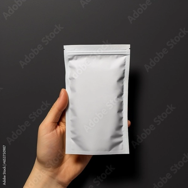 Fototapeta A man holding a white package, sachet on a black background. Package for food bags. Blank space for text or logo. AI-generated image.