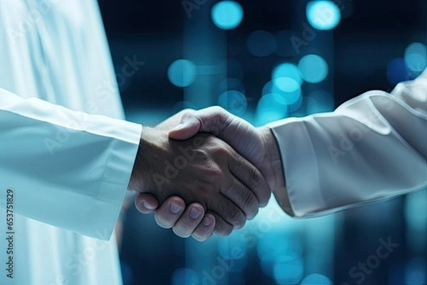 Obraz Business handshake on bokeh light background