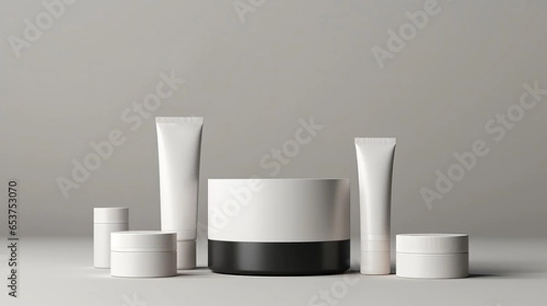 Fototapeta Set of white cosmetics on grey background. Daily cosmetic product. Blank space for text or logo. Image generated by AI.