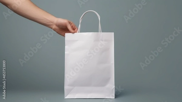 Fototapeta Hand holding a white paper bag on a grey background. Blank space for text or logo. Image generated by AI.