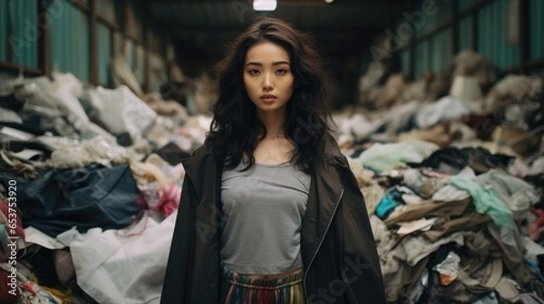 Fototapeta The Hidden Costs of Ultra Fast Fashion - Diverse Models Sitting in a Pile of Trashed Cheap Clothes - fast fashion, woman, model, environmental impact, waste, pollution, garment industry, waste, trash