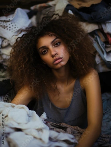 Fototapeta The Hidden Costs of Ultra Fast Fashion - Diverse Models Sitting in a Pile of Trashed Cheap Clothes - fast fashion, woman, model, environmental impact, waste, pollution, garment industry, waste, trash