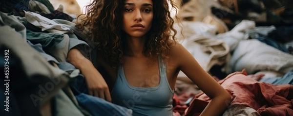 Fototapeta The Hidden Costs of Ultra Fast Fashion - Diverse Models Sitting in a Pile of Trashed Cheap Clothes - fast fashion, woman, model, environmental impact, waste, pollution, garment industry, waste, trash
