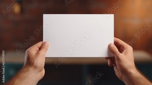 Obraz A man holding a white piece of paper. A message, a message, a new idea, an idea, diversity. Blank space for text or logo. Image generated by AI.