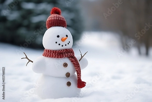 Obraz Snowman with hat and scarf isolated on white background, Snowman under the snowfall, doll of snowman in the forest