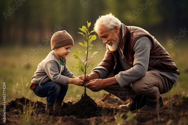 Obraz old man plant tree with child boy