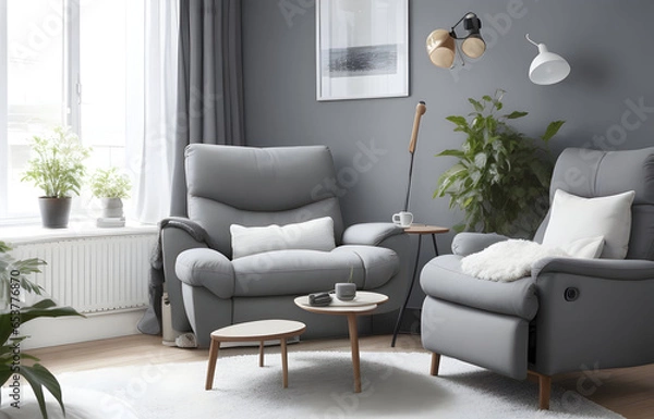 Fototapeta Grey sofa and recliner chair in scandinavian apartment. Interior design of modern living room.  Generative AI