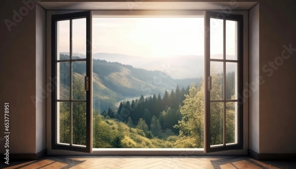 Fototapeta Through an open window, immerse yourself in the beauty of untouched nature