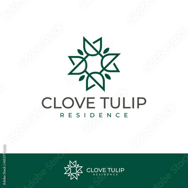 Fototapeta Luxury Green Tulips Abstract Logo Design Vector. Initial Logo Identity for Branding, Business, Real Estate, Fasion and Elegant Brand
