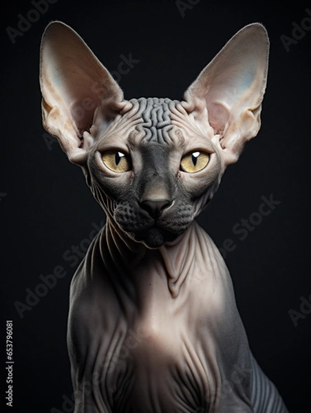 Fototapeta Sphynx cat in a dramatic pose, sharp focus on the eyes. Studio setup with charcoal gray background, high contrast lighting to emphasize skin texture