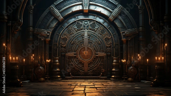 Fototapeta interior with a dark door in the background of the ancient temple. high quality illustration. high quality illustration