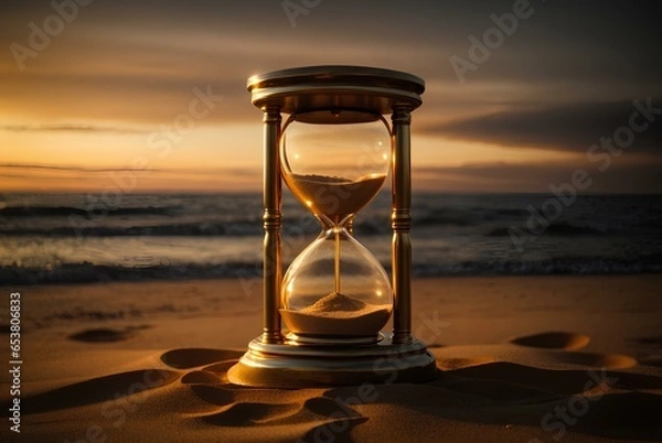 Fototapeta a hour glass in beach on sunset.