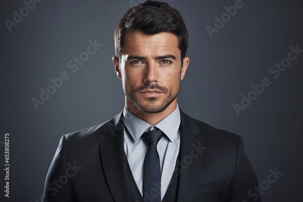 Fototapeta Portrait of businessman standing on grey background, generative ai 