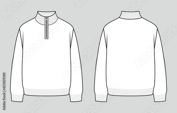 Fototapeta Jumper with a zipped collar. Men's casual clothing. Vector technical sketch. Mockup template.