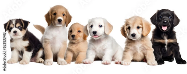 Obraz Happy smilling dog puppies of different breeds isolated on white background generative ai