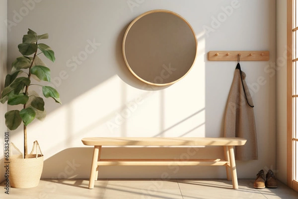 Fototapeta Luxury Interior Design Scandinavian Living Room simple wooden bench, a row of minimal coat hooks, Huge round mirror reflecting the natural light