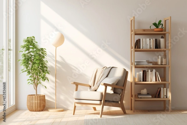 Fototapeta A warm Scandinavian reading nook, with a comfortable armchair, a neutral-toned area rug, and a wooden bookshelf