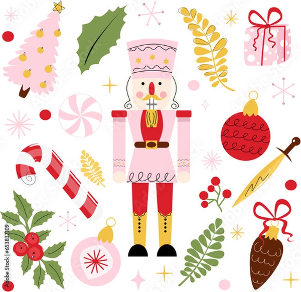 Obraz vector set of pink nutcrackers with twigs and Christmas balls. 14 illustrations Xmas, a sweet cane, Christmas tree decorations, a sword, a pine cone, a gift, a pink tree, caramel, leaves and flowers.