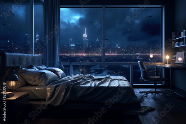 Fototapeta a bedroom interior with a panoramic window view of a futuristic cityscape at night, rain streaming down the glass | Generative Ai