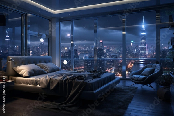 Fototapeta a bedroom interior with a panoramic window view of a futuristic cityscape at night, rain streaming down the glass | Generative Ai