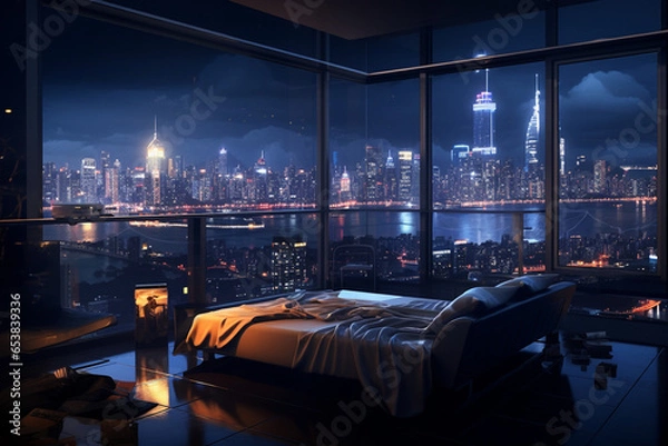 Fototapeta a bedroom interior with a panoramic window view of a futuristic cityscape at night, rain streaming down the glass | Generative Ai