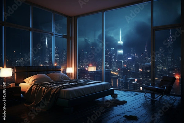 Fototapeta a bedroom interior with a panoramic window view of a futuristic cityscape at night, rain streaming down the glass | Generative Ai
