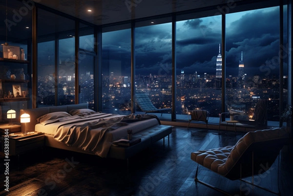 Fototapeta a bedroom interior with a panoramic window view of a futuristic cityscape at night, rain streaming down the glass | Generative Ai