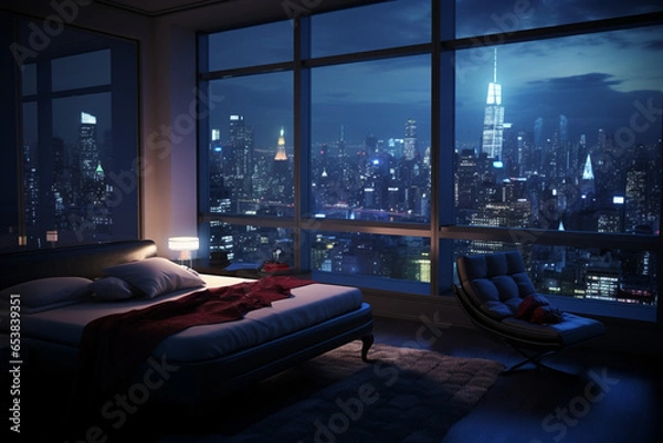 Fototapeta a bedroom interior with a panoramic window view of a futuristic cityscape at night, rain streaming down the glass | Generative Ai