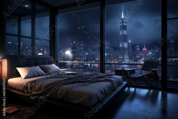 Fototapeta a bedroom interior with a panoramic window view of a futuristic cityscape at night, rain streaming down the glass | Generative Ai
