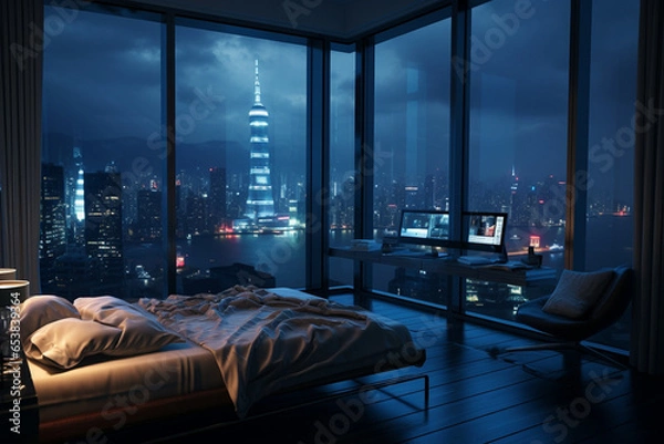 Fototapeta a bedroom interior with a panoramic window view of a futuristic cityscape at night, rain streaming down the glass | Generative Ai