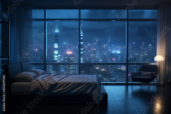 Fototapeta a bedroom interior with a panoramic window view of a futuristic cityscape at night, rain streaming down the glass | Generative Ai