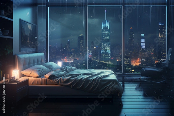 Fototapeta a bedroom interior with a panoramic window view of a futuristic cityscape at night, rain streaming down the glass | Generative Ai