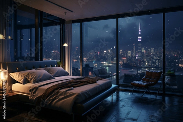 Fototapeta a bedroom interior with a panoramic window view of a futuristic cityscape at night, rain streaming down the glass | Generative Ai