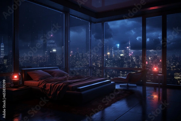 Fototapeta a bedroom interior with a panoramic window view of a futuristic cityscape at night, rain streaming down the glass | Generative Ai