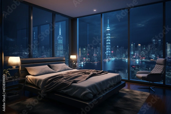 Fototapeta a bedroom interior with a panoramic window view of a futuristic cityscape at night, rain streaming down the glass | Generative Ai
